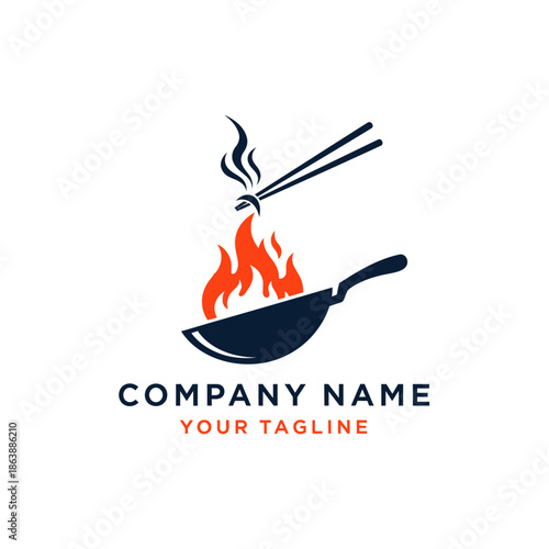 Wok Cooking Fire Flames Chopsticks Food Restaurant Logo.