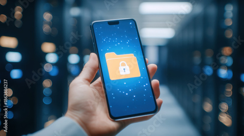 Locked folder icon on smartphone screen held by person, secure mobile data protection and privacy concept