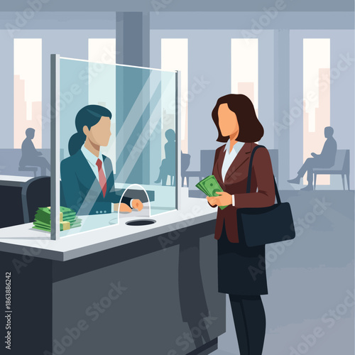 Professional woman making cash deposit at bank teller in modern setting