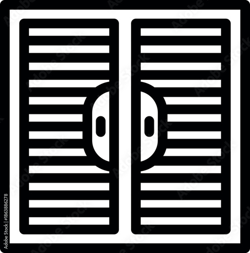 Simple black and white icon of a double door closet featuring horizontal slats and round handles