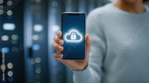 Cloud backup security icon on smartphone held by person showing data protection and privacy concern