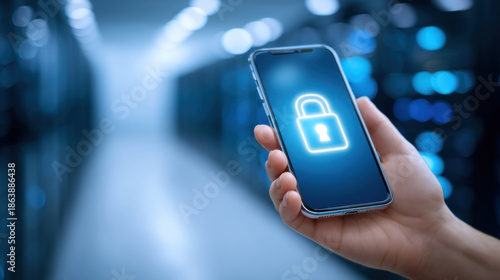 Locked smartphone screen with glowing padlock icon held hand data center corridor, secure connection and privacy protection