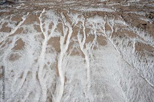 Abstract view of vast salt flats with intricate white mineral deposits and dry earth patterns.