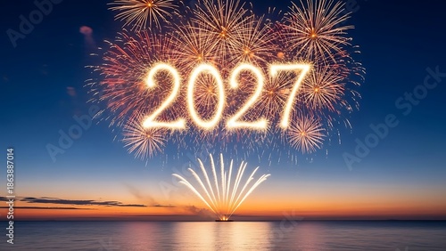 A spectacular New Year celebration scene featuring golden fireworks exploding over a calm ocean at sunset, with the glowing number “2027” formed by sparkling light trails in the sky. The vibrant