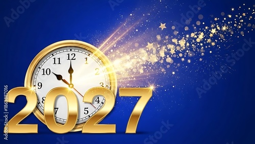 A luxurious New Year celebration background featuring a golden “2027” combined with an elegant clock striking midnight, surrounded by sparkling light trails, glowing stars, and festive fireworks