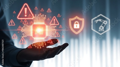 A futuristic technology concept showing a glowing AI microchip hovering above a human hand, surrounded by warning icons, cybersecurity symbols, a shield lock, and a robotic arm icon. The image