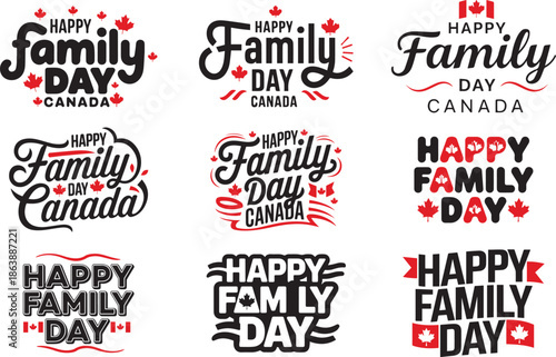 Happy family day Canada typography design with maple leaf vector