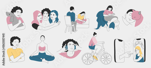 Flat vector icons set illustrating emotional intelligence concepts: self-care, empathy, support, mindfulness, therapy, stress management. For psychology, coaching, wellness branding.