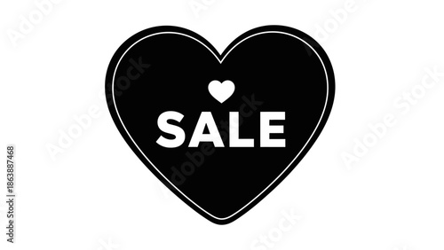 Black heart shape with 'SALE' text and small heart icon, isolated on white background, representing discounts and promotions.