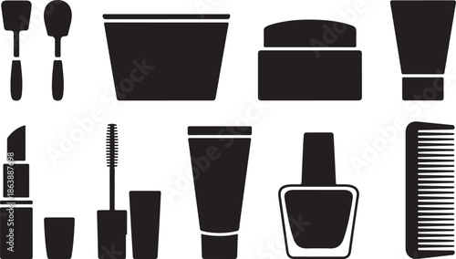 A clear collection of black silhouettes featuring various cosmetic and beauty products on white background
