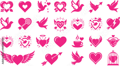 A large collection of pink heart and dove symbols representing love, romance, and peace