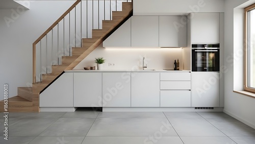 Elegant and modern kitchen design with integrated staircase solution