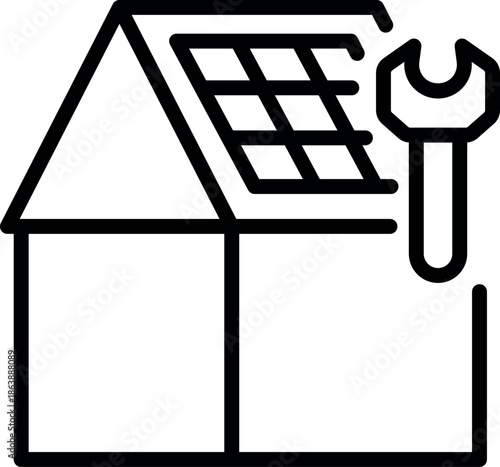 Installing or repairing solar panels on a house roof with a wrench for renewable energy