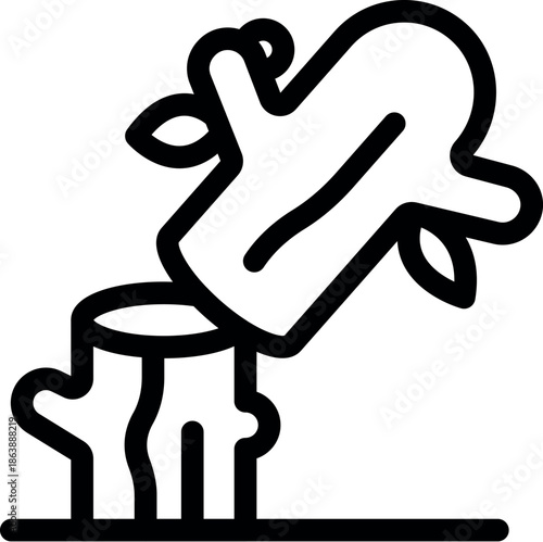 Simple and minimalist line drawing of a fallen tree trunk with leaves, resting on a stump, symbolizing deforestation and environmental damage