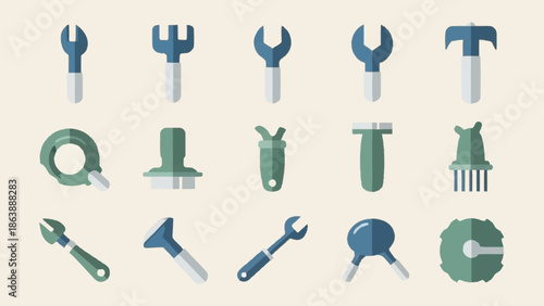 Collection of various tools and equipment icons in blue and green.