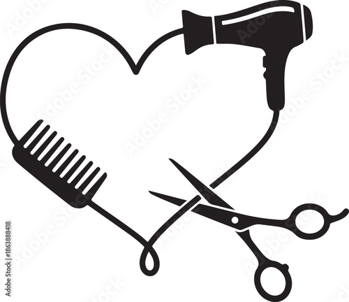 Hairdressing tools including a comb, scissors, and hair dryer forming a perfect heart silhouette