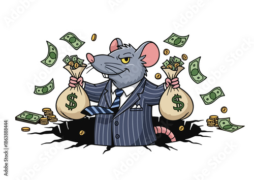 A cartoon rat in a pinstripe suit and tie, emerging from a hole with bags of money and falling banknotes