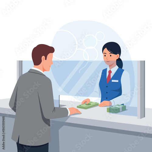Customer depositing cash with friendly bank teller at modern bank counter