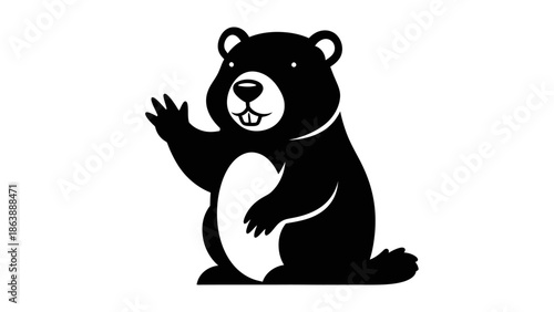Cute black groundhog or marmot waving hello, friendly cartoon animal character isolated on white background.