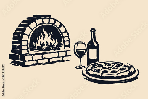Pizza with wine and fireplace ink sketch vector illustration