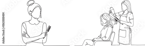 Minimalist continuous line drawing shows a hairdresser with a comb and another stylist working on hair