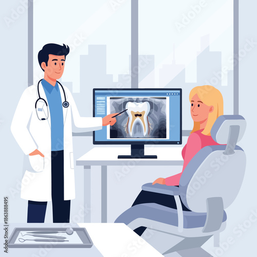 Friendly dentist explaining tooth x-ray results to patient in modern office
