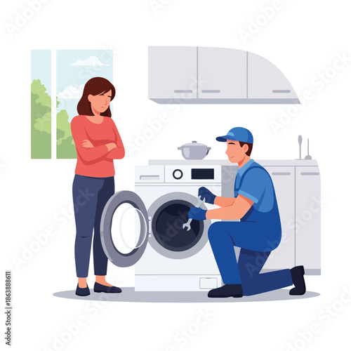 Professional appliance repair fixing washing machine for worried customer