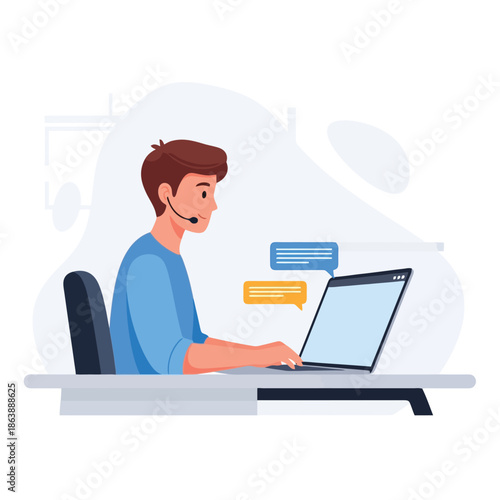 Friendly call center operator answering customer inquiries online now