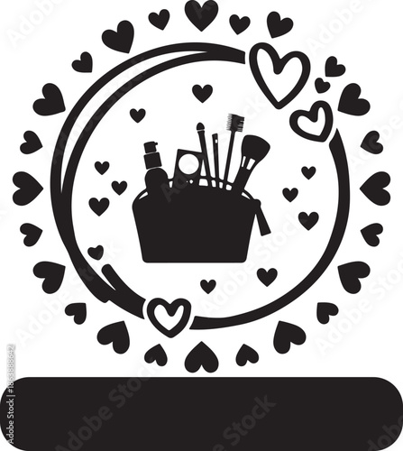 Silhouette graphic of a cosmetic bag filled with makeup items encircled by numerous small hearts