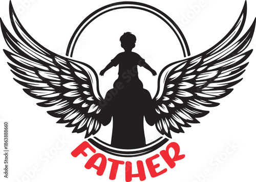 Silhouette of a loving father carrying his young son on shoulders with angelic wings, celebrating their bond