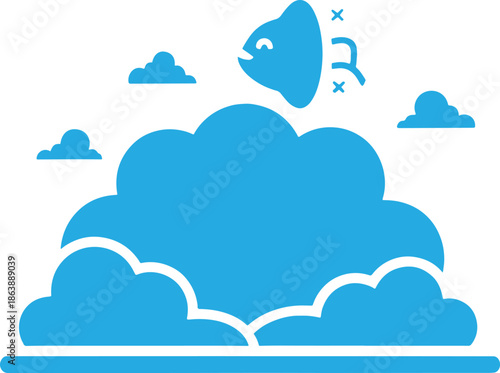 Blue fish with whiskers above water and clouds in background