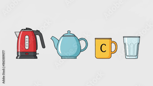 Assorted kitchenware for brewing and serving hot beverages.