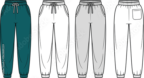 cad drawing flat vector illustration, jogger sweatpants design, athletic trousers fashion sketch,