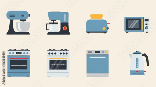 Collection of Modern Kitchen Appliances in Blue and White.