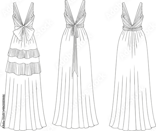 A vintage vector illustration of a beautiful bride in a stylish wedding gown silhouette featuring a retro fashion design sketch of a lady in a classic dress