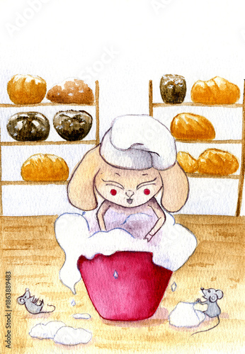 Watercolor illustration of a cute goat baker kneading fluffy dough in a red bowl. Funny mice play with pieces of dough in a cozy bakery shop with shelves full of fresh bread in the background.