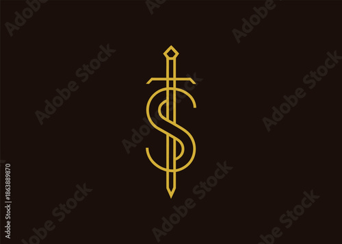 A dynamic line logo combining the letter S and a sword, expressing agility, strength, and heroic identity in a minimalist outline style