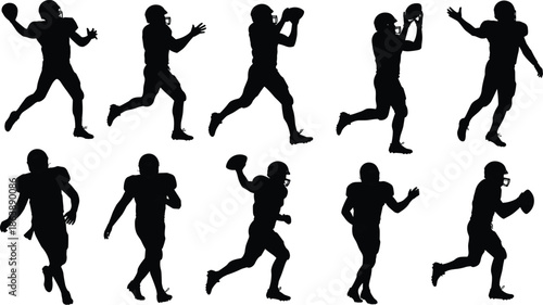 American football player silhouettes, dynamic poses, throwing and catching ball, sports vector illustration, athletic action figures, helmeted players, flat design art