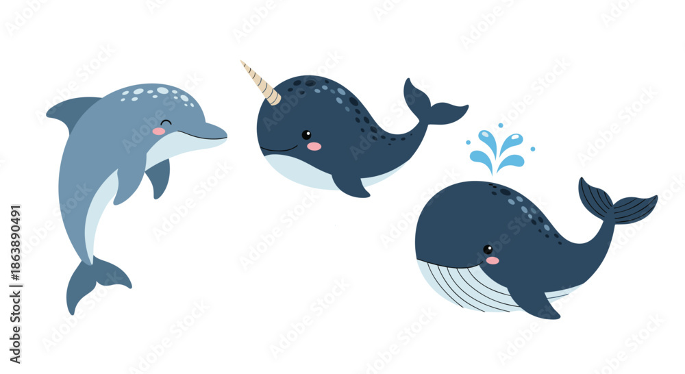 Obraz premium Adorable collection of cute cartoon sea animals including a smiling dolphin, a happy narwhal, and a spouting blue whale.