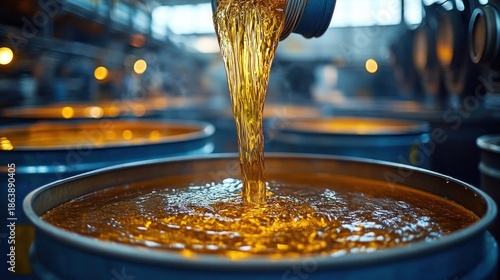 Close-up of golden viscous liquid pouring into open blue metal barrels in a warm industrial warehouse, evoking productivity and a rich atmosphere