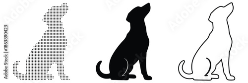 Three stylized dog silhouettes looking up expectantly on a white background