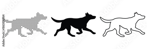 Three different artistic representations of a dog in motion, from pixelated to solid silhouette to outline.