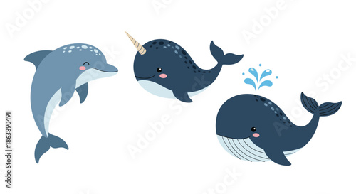 Adorable collection of cute cartoon sea animals including a smiling dolphin, a happy narwhal, and a spouting blue whale.