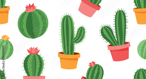 Cute seamless pattern featuring a variety of green desert cactus plants with pink flowers in colorful pots on a white background.