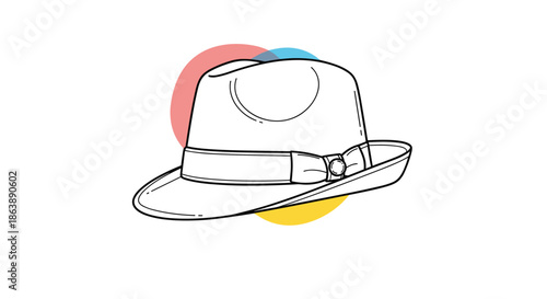 Minimalist line art illustration of a stylish fedora hat set against three overlapping abstract colored circles for a modern design.