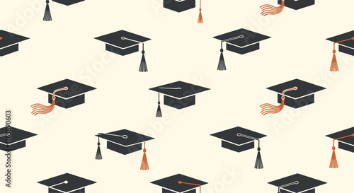 Seamless pattern of black graduation caps with tassels tossed in the air, a repeating background for graduation celebrations.