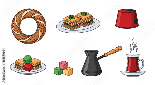 Illustrated set of classic Turkish cultural symbols and cuisine, including baklava, simit, a fez hat, and traditional hot tea.