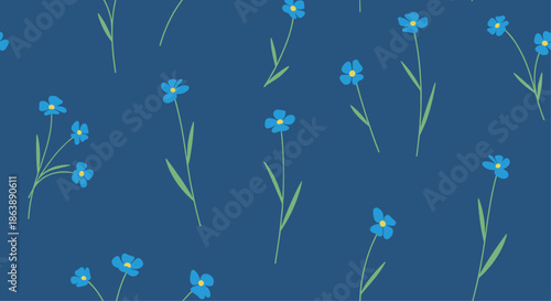 Simple and elegant seamless floral pattern featuring small blue forget-me-not flowers on a solid dark blue background design.