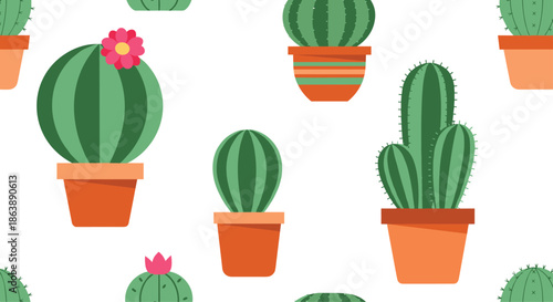 Seamless background pattern with various cute green cactus and succulent plants in decorative terracotta pots on a white backdrop.