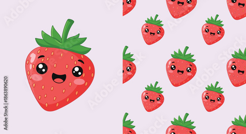 Cute kawaii strawberry fruit character with a happy face, shown as a single icon and as a seamless repeating pattern design.